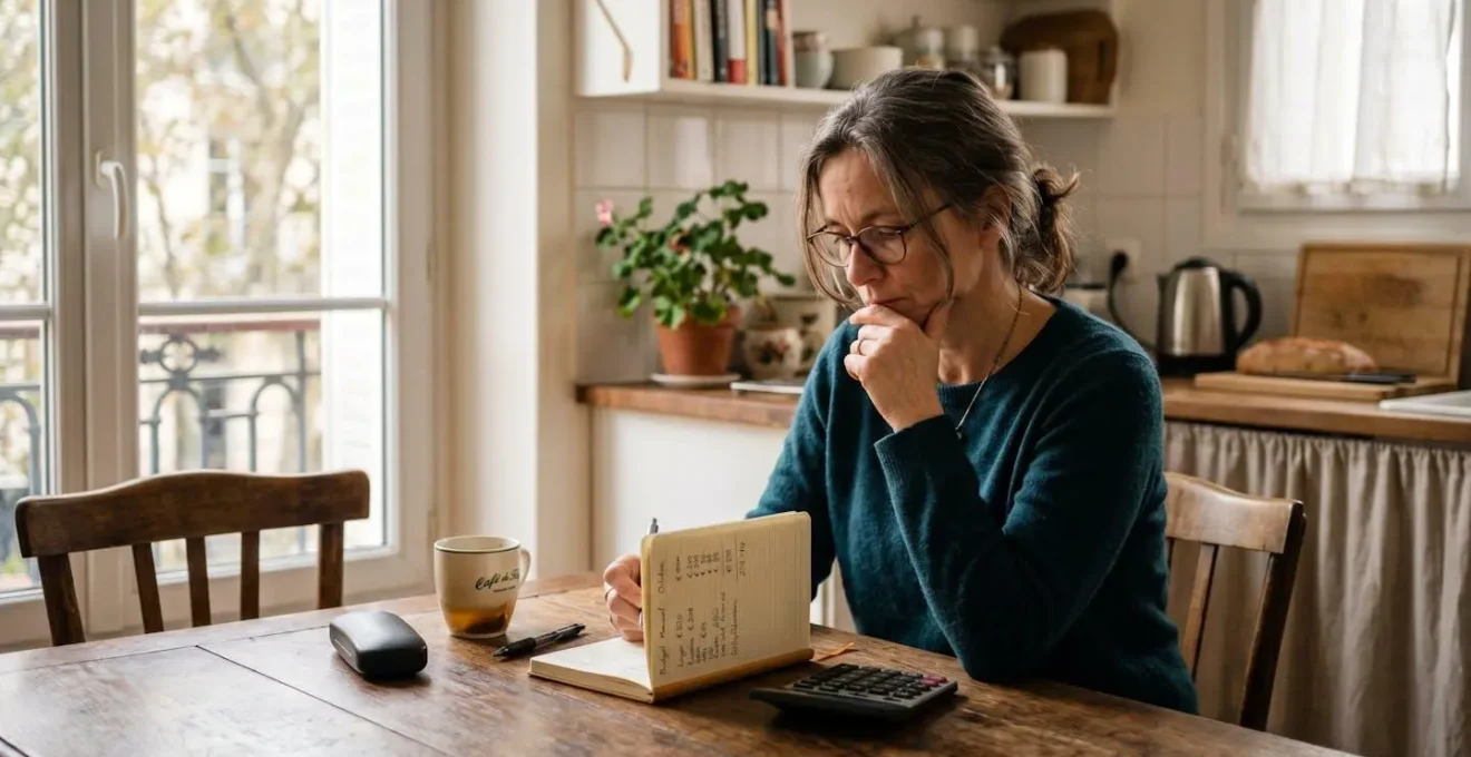 Une personne à son bureau, calculatrice posée devant elle, regardant une enveloppe budgétaire mensuelle pour préparer sa retraite