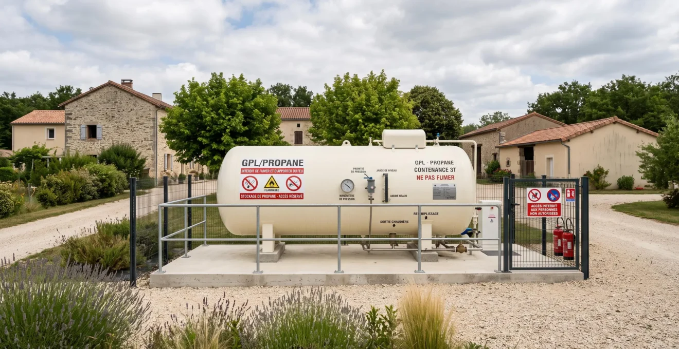 Citerne de stockage propane professionnelle aérienne blanche installée sur dalle béton avec garde-corps et marquages GPL réglementaires, sur site d'établissement saisonnier français avec végétation locale en arrière-plan