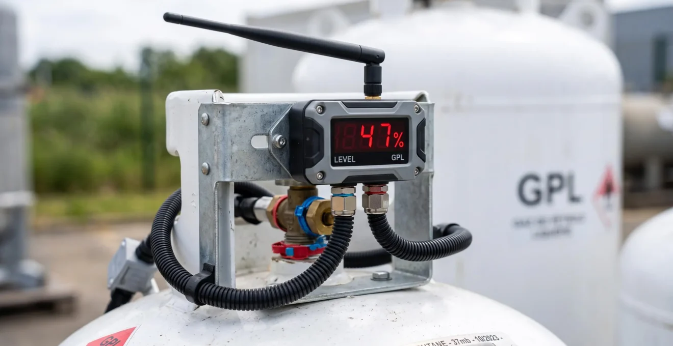 Gros plan sur jauge de niveau connectée montée sur citerne propane professionnelle avec affichage numérique du pourcentage de remplissage, antenne de télétransmission et boîtier électronique