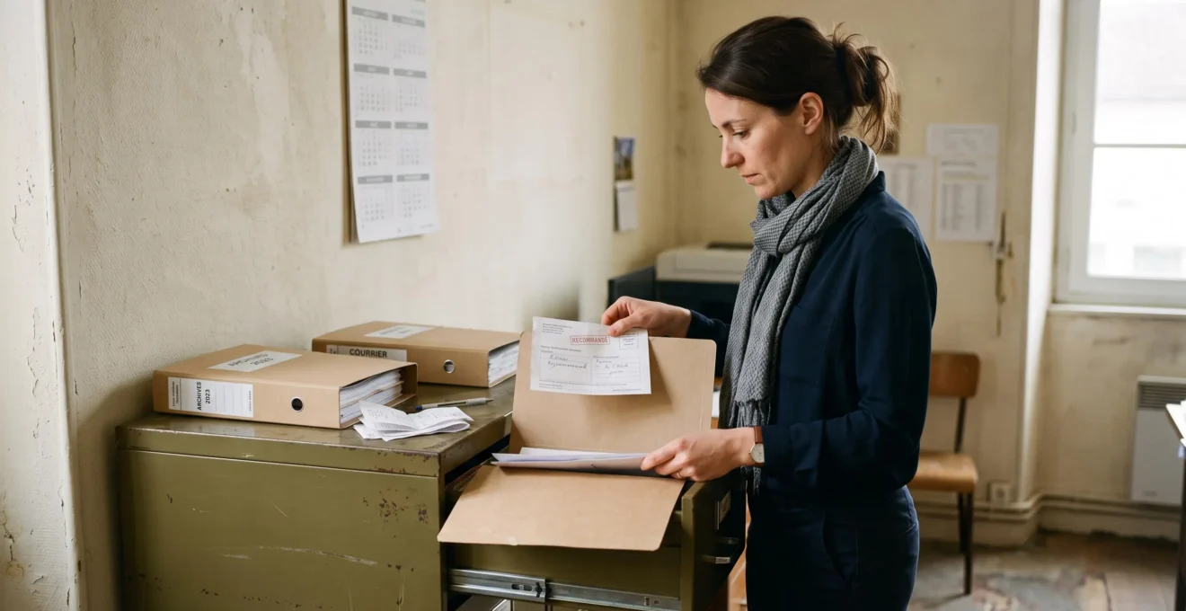 Une assistante classe une preuve de dépôt de courrier recommandé dans un dossier d'archives au dos d'un meuble de bureau.