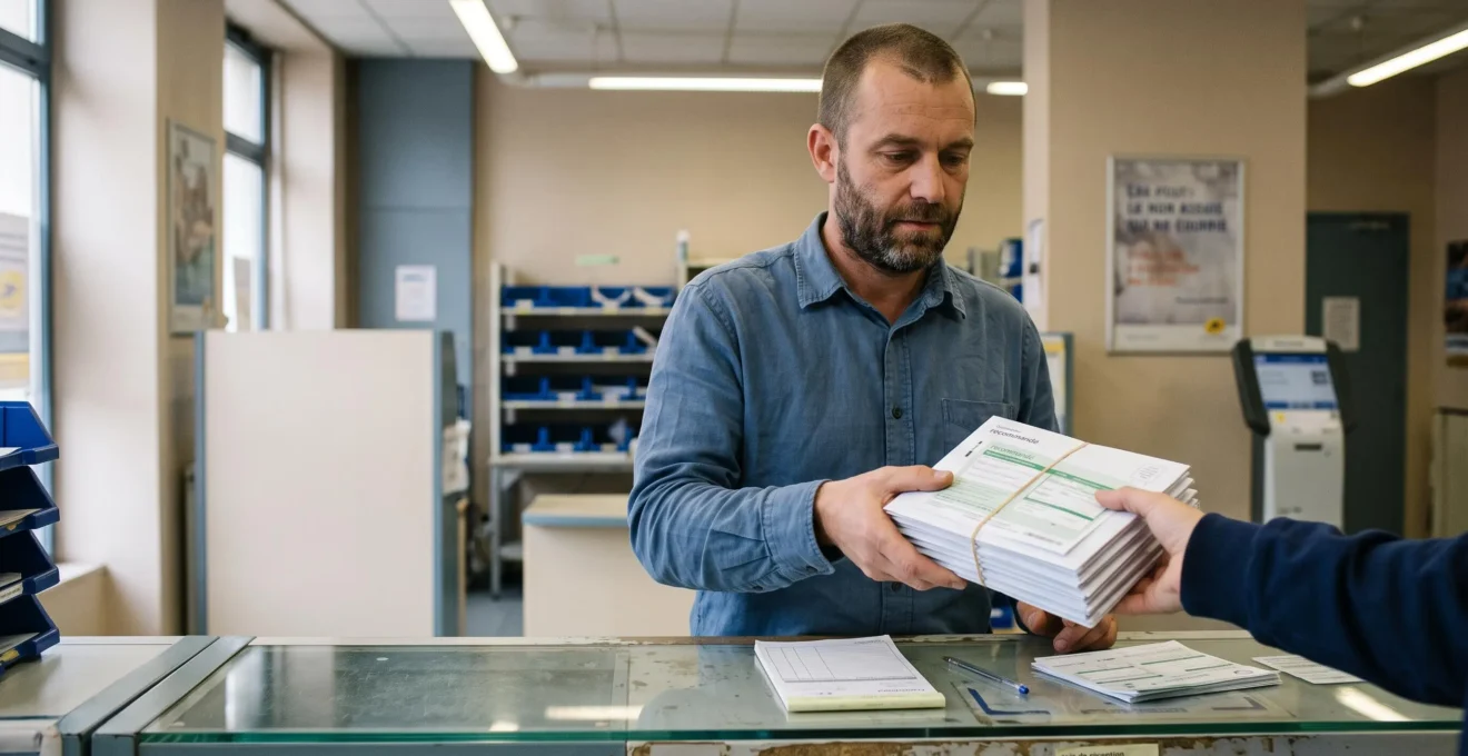 Un dirigeant dépose une pile d'enveloppes de courriers recommandés au guichet d'un bureau de poste en France.