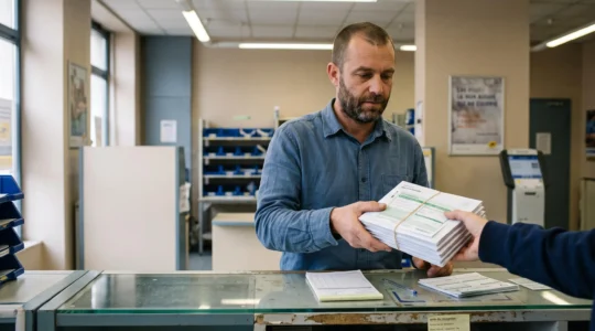Un dirigeant dépose une pile d'enveloppes de courriers recommandés au guichet d'un bureau de poste en France.