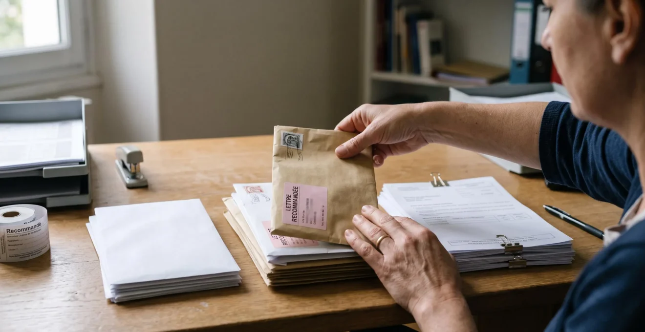 Des mains trient des courriers de changement de siège social en trois piles sur un bureau de couleur neutre.